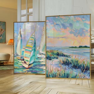 Green Pastel Marsh Sunset Landscape Painting,Carolina Lowcountry Coastal Watercolor Wall Art Print,Pink Beach House Printable Art Room Decor