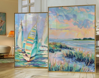 Groen pastelkleurig moeraslandschap bij zonsondergang, aquarel muurdecoratie van de kust van de Carolina Lowcountry, roze strandhuis printbare kamerdecoratie