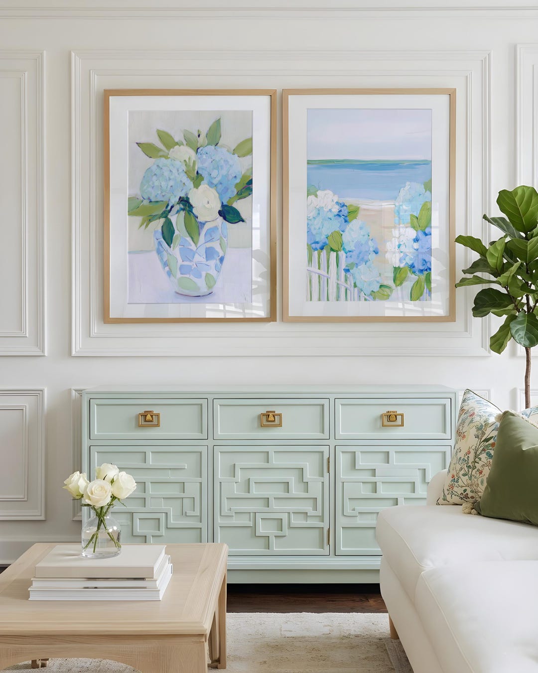 Coastal Hydrangea Wall Art Set of 2 Prints | Nantucket Garden Path Blue ...