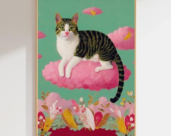 Whimsical Tabby Cat Wall Art Print | Cat Decor Bedroom | Vintage Cat Painting Nursery | Pet Artwork for Cat Lover |Colorful Animal Wall Art