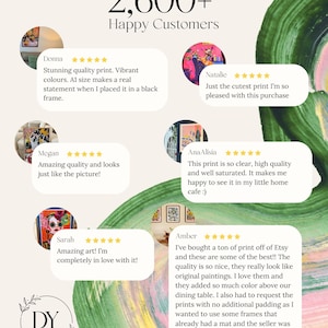 Puede incluir: Imagen con el texto "2,600+ Happy Customers" y rese&ntilde;as de clientes. Las rese&ntilde;as elogian la calidad, los colores vibrantes y el atractivo art&iacute;stico de las impresiones. El logotipo de "DY StudioPrints" tambi&eacute;n es visible.