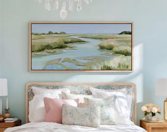 Low Tide Marsh Wall Art, Long Horizontal Above Sofa Panoramic Print, Lowcountry Oyster Creek Egret, Green Gold Grandmillennial Lake House