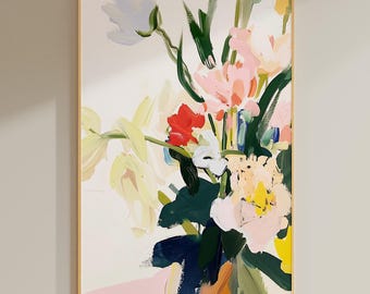 Abstract Floral Art Print: Pastel Pink & Green Fauvism Style