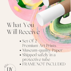 May include: Two art print tubes, one white and one brown, against a backdrop of colorful brushstrokes in pink, green, and yellow. Text reads "What You Will Receive" and details about the prints.