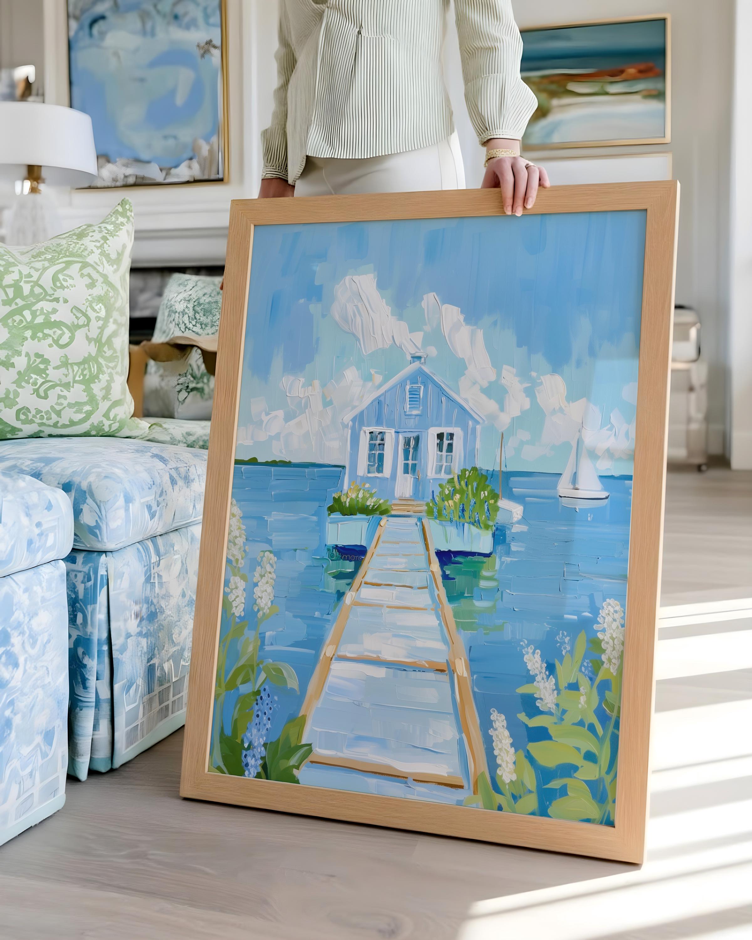 Blue Coastal Cottage Wall Art Print | Cape Cod Beach House Painting ...