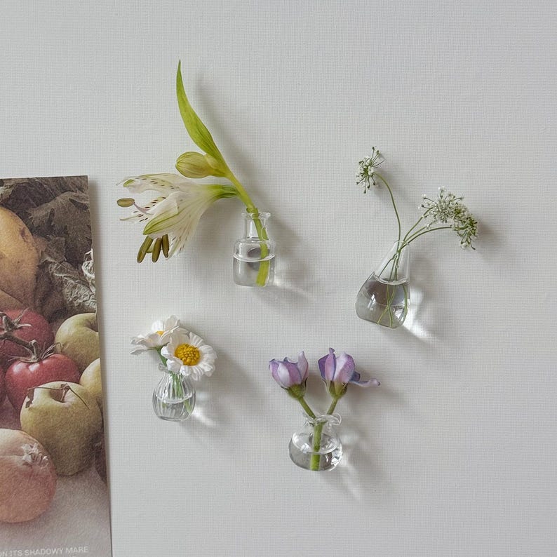 K&ouml;nnte beinhalten: Vier kleine, klare Glas-Blumenvasen, jede mit einer anderen Art von Blume. Zu den Blumen geh&ouml;ren wei&szlig;e Lilien, G&auml;nsebl&uuml;mchen und lila Bl&uuml;ten. Die Vasen sind auf einer wei&szlig;en Oberfl&auml;che befestigt.