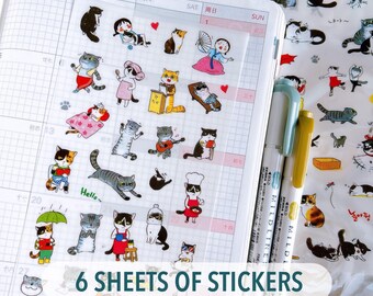Korean Cat Sticker Sheets for Journaling, Hobonichi Planner, Scrapbook Decor (6 Sheets)