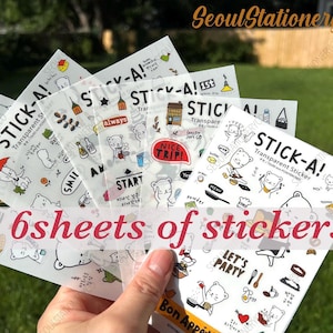 6 sets of Korean carton sticker sheets, Daily korean stickers , travel Stickers, Decorative Stickers, Journalling Planners, clear sticker
