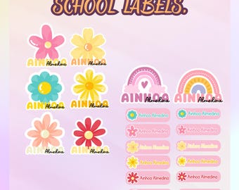 Flower School Labels, School Book Labels, Flower Name Tags, Personalized Printable, Laptop Sticker Printable, Flower rainbow labels Png, Pdf