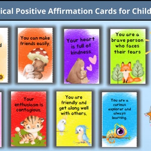 Magische positive Affirmationskarten für Kinder, sofort herunterladbar und auf Leinwand bearbeitbar. Fördern Sie Positivität und kreativen Spaß.