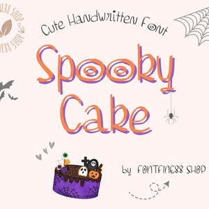 Könnte beinhalten: Süße handgeschriebene Schriftart namens "Spooky Cake" von Fontfiner88 Shop. Die Schriftart ist orange mit violetten Umrissen. Das Bild zeigt auch einen lila und schwarzen Halloween-Kuchen mit einem Spinnennetz-Design und einer Spinne, die an einem Netz hängt.