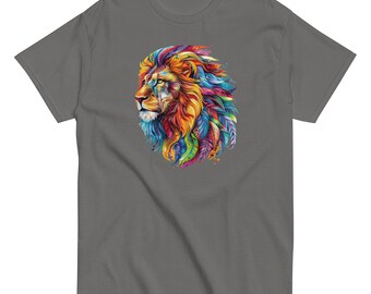 Lion t-shirt with multicolored feather mane design