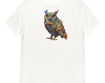 Owl t-shirt with multicolored feathers design