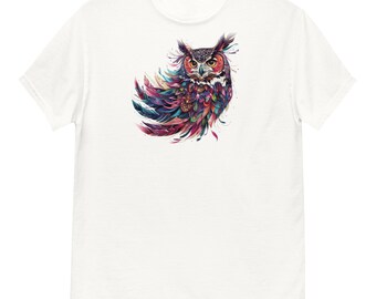 Owl T-shirt with multicolored feather design cute tee gift for mom