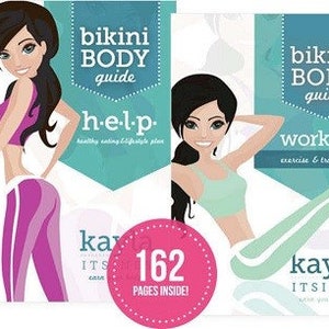 Może przedstawiać: Różowa i zielona książka z tytułem "bikini BODY guide" i tekstem "h-e-l-p. healthy eating lifestyle plan" i "162 pages inside!"  Książka przedstawia animowaną kobietę w różowym bikini i animowaną kobietę w zielonym bikini.