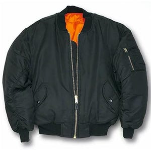 May include: A black bomber jacket with a zip fastening and orange lining. The jacket has two pockets on the front and one on the left sleeve.