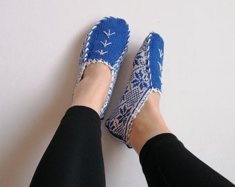 Handmade Wool Slipper Socks | Turkish Motif Knit Slippers, Adult Size 36-37