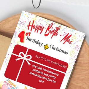 Support imprimable pour carte-cadeau,1er anniversaire carte,1er carte de Noël,Tag PDF,Bébé de décembre,Modèle de support de carte-cadeau,Célébration d'anniversaire de décembre