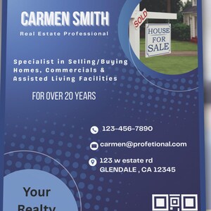 May include: A blue and white real estate sign with the text "CARMEN SMITH Real Estate Professional" and "SOLD HOUSE FOR SALE". The sign also includes a phone number, email address, and physical address. The sign is on a wooden stand in front of a laptop computer.