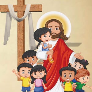 May include: Tan Bible cover featuring an illustration of Jesus with children, a wooden cross, and the text "This BIBLE belongs to Alan." The cover is personalized and designed for kids.