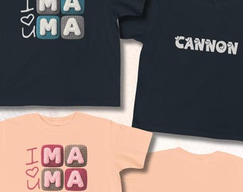 Camiseta infantil con la frase "I love Mama" en letras mayúsculas / Nombre personalizado en la espalda