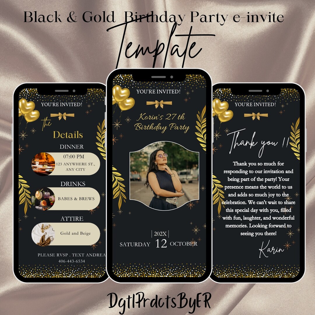 Elegant Black and Gold Birthday Video Invitation: Editable Template ...