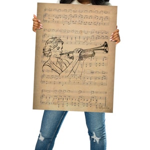 Vintage Trumpet Poster, Vintage music sheet, Lady playing trumpet poster