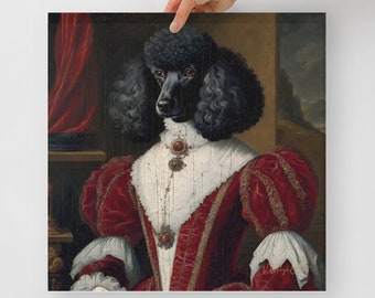 May include: A black poodle dressed in a red and white Renaissance-style gown with gold trim and a jeweled necklace. The painting is set against a dark red curtain and a landscape background.