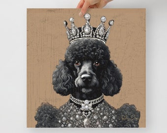 May include: A black poodle wearing a diamond-encrusted crown and necklace. The dog is looking directly at the viewer with a serious expression. The background is a textured brown.