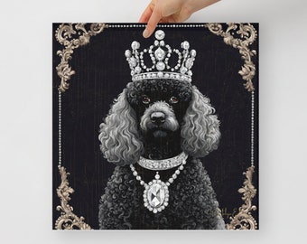 May include: A black poodle wearing a diamond crown and a diamond necklace on a black background with gold ornate borders.