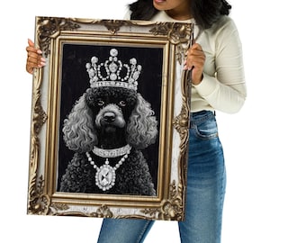 May include: A framed black and white illustration of a poodle wearing a diamond crown and necklace. The background is black.
