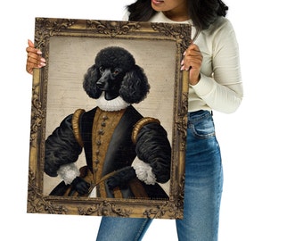 May include: A framed painting of a black poodle dressed in a gold and black Renaissance-style outfit. The painting has a gold frame and a white background.