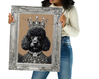 May include: A framed portrait of a black poodle wearing a jeweled crown and collar. The artwork has a tan background and is set in a silver ornate frame. The poodle's fur is detailed, and the jewels sparkle.