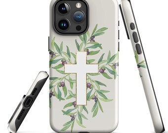 May include: White phone case with a gold cross and olive branches with green leaves and purple olives. The case is designed for an iPhone.