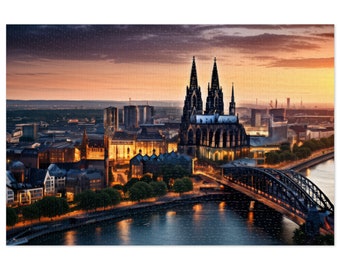 1000 Piece Cologne Cathedral, Germany Jigsaw Puzzle view of Gothic cathedral with the Rhine River and the city skyline for Adults and Family