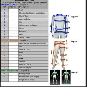 Pu&ograve; includere: Una tabella di misurazione con diagrammi che illustrano le misure del corpo per giacche e pantaloni. La tabella include misure per collo, petto, vita, fianchi e lunghezza delle maniche, con figure che mostrano come misurare ogni area. Il testo include le parole "UPPER/JACKET" e "LOWER/TROUSER".