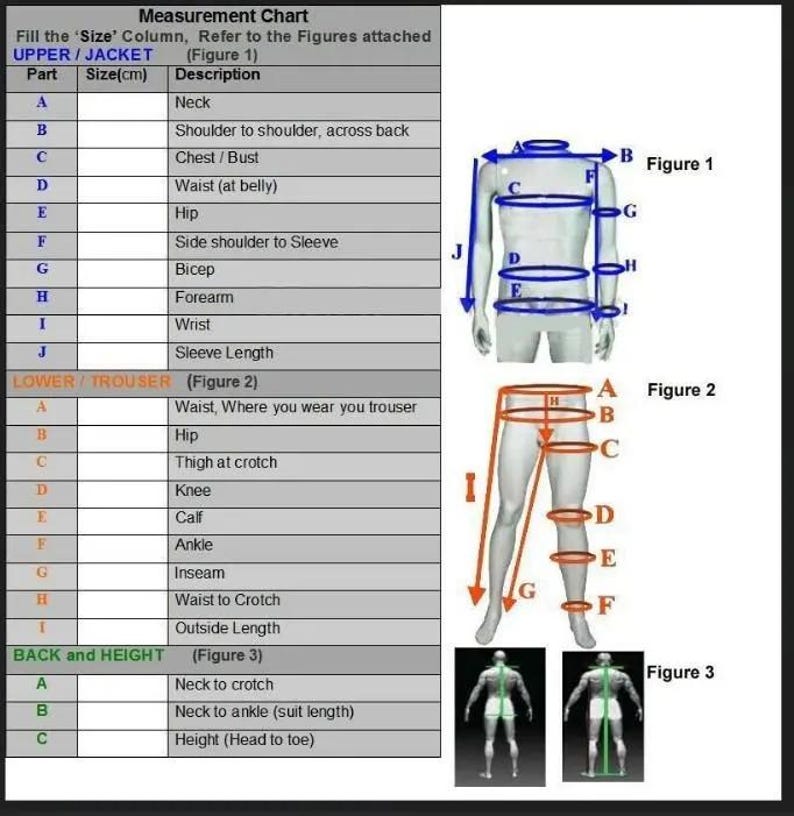 Pu&ograve; includere: Una tabella di misurazione con diagrammi che illustrano le misure del corpo per giacche e pantaloni. La tabella include misure per collo, petto, vita, fianchi e lunghezza delle maniche, con figure che mostrano come misurare ogni area. Il testo include le parole "UPPER/JACKET" e "LOWER/TROUSER".