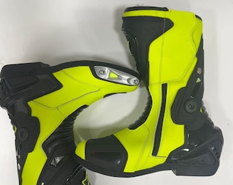 Neon Yellow Motorcycle Racing Boots | CE Armored Motorbike Boots Track Riding Boots for Men Sport bike Protective Boots | Custom Biker Boots