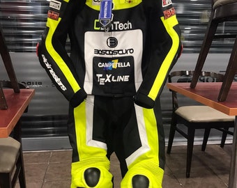 Tuta da motociclista da corsa monopezzo giallo neon – Tuta protettiva in pelle personalizzata