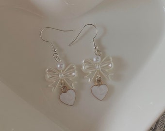 coquette bow, faux pearl, and heart dangle earrings | y2k, kawaii, fairycore