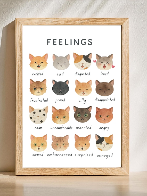 Cat Feelings Chart: Kids SEL Emotions Poster, Watercolor Animal Wall Art (PDF Download
