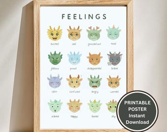 May include: A framed poster with the word "FEELINGS" at the top. The poster features 16 cartoon faces, each representing a different emotion, such as "excited," "sad," and "angry." A circular graphic in the bottom right corner reads "PRINTABLE POSTER Instant Download."