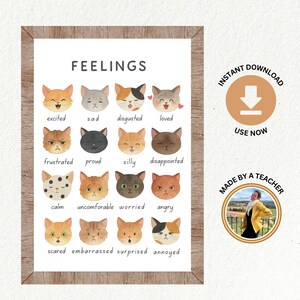 May include: A framed print titled "FEELINGS" featuring watercolor illustrations of cat faces expressing different emotions. The print includes the words "INSTANT DOWNLOAD" and "USE NOW" with a graphic of a downward-pointing arrow. The phrase "MADE BY A TEACHER" is also included.