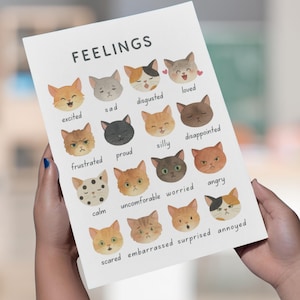 May include: A white print featuring cat faces expressing different emotions, with the word "FEELINGS" at the top. Each cat face represents a feeling like "excited," "sad," and "loved."
