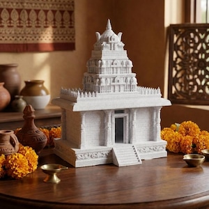 Può includere: Un dettagliato tempio in miniatura bianco con intricati dettagli architettonici. Il tempio presenta una struttura a più livelli, una porta centrale ed elementi decorativi. La scena comprende fiori di calendula e piccole ciotole di ottone.