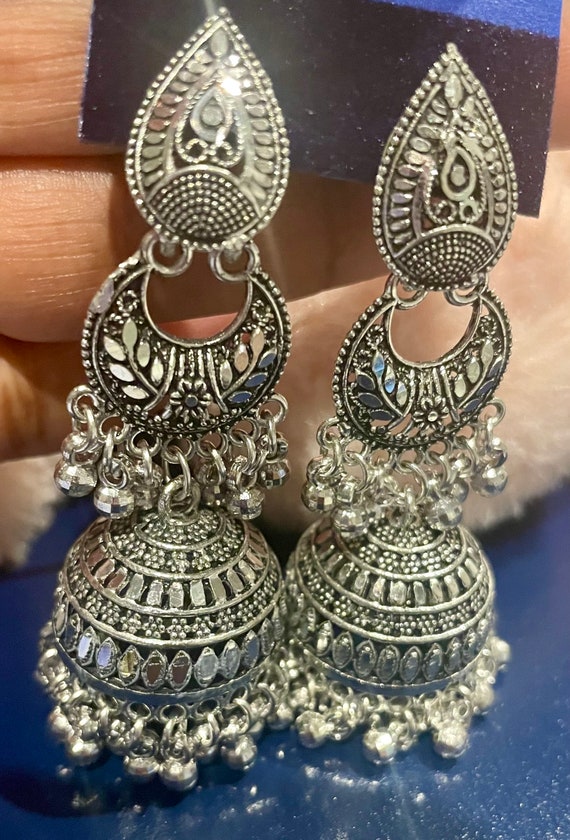 Dazzling Oxidized Big Dangling BOHO Indian Jewelry Wedding, Temple,  Antique Earrings Temple Jewelry Dangle Drop Silver Ethnic Lightweight