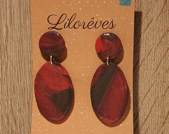 Dangling earrings, handmade creation, pink and brown, polymer clay and resin, hypoallergenic attachment