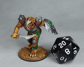 Espada de combate Dragonborn masculina de bronce/oro y escudo pintado a mano en miniatura - Mazmorras y dragones, RPG, DnD, Conquistador, Mesa, 32 mm