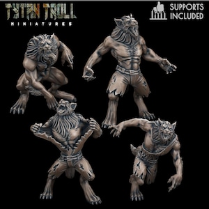 Set of four Werewolves in various action poses from TytanTroll Miniatures - Dungeon and Dragons, RPG, DnD, Pathfinder, Tabletop, 32mm