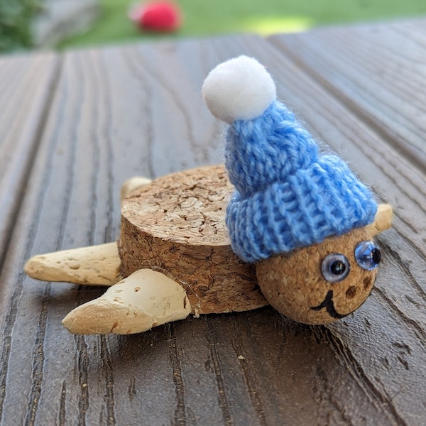 Blue Beanie Sea Turtle Cork Critters Creatures Handmade Gift Desktop Ornaments Unique Wine Party Favors Hostess Pet Upcycle Ocean Sealife